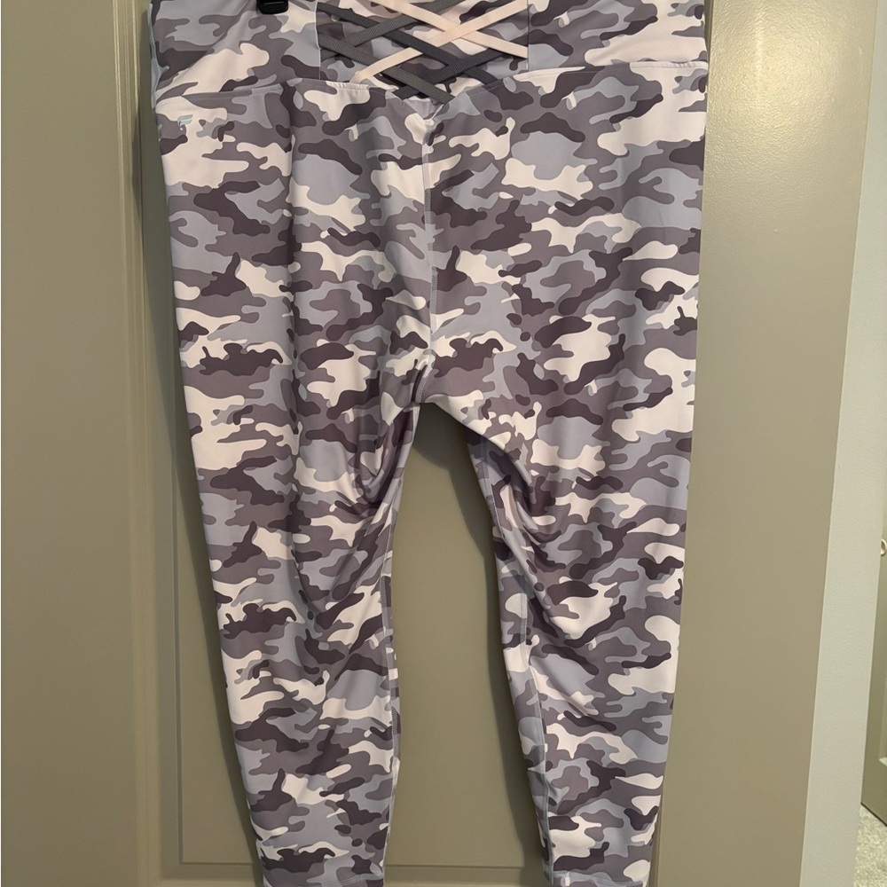 Fabletics Pink Camo Leggings with Cute Crisscross Design